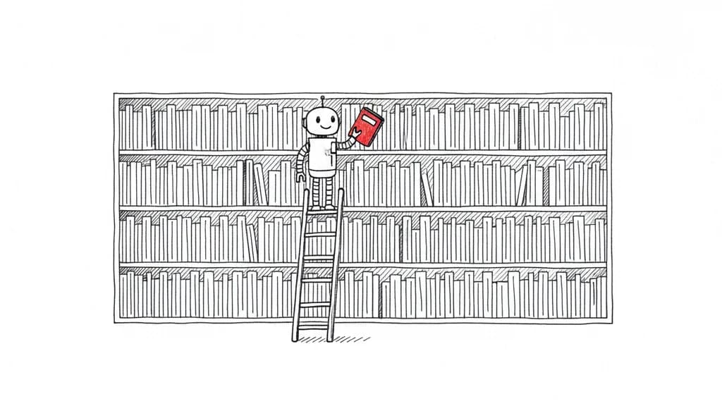 Un robot en haut d'une échelle sort un seul livre rouge d'une immense bibliothèque