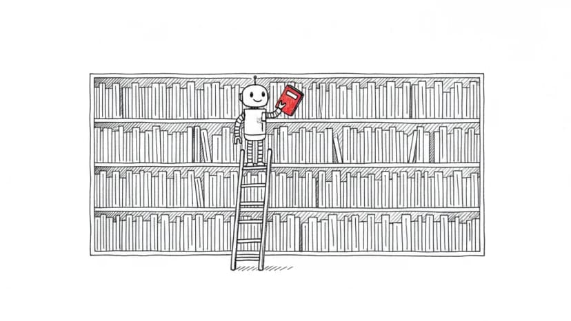 Un robot en haut d'une échelle sort un seul livre rouge d'une immense bibliothèque