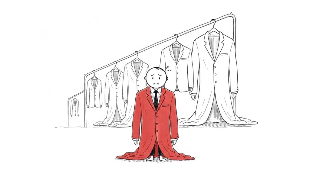Un bonhomme englouti dans une veste rouge trop grande, devant un portant de vestes de tailles croissantes