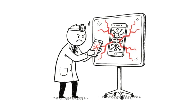 Un médecin radiographie un smartphone ; des fissures rouges apparaissent sur l'écran
