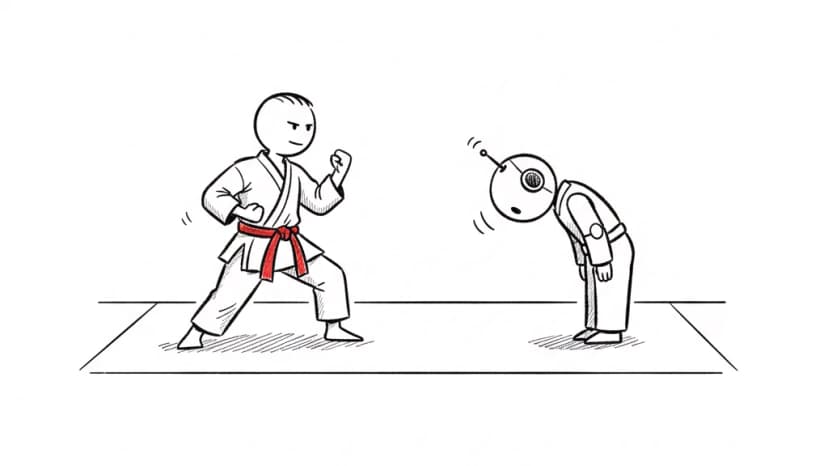 Dans un dojo, un bonhomme à ceinture rouge en garde face à un petit robot qui s'incline