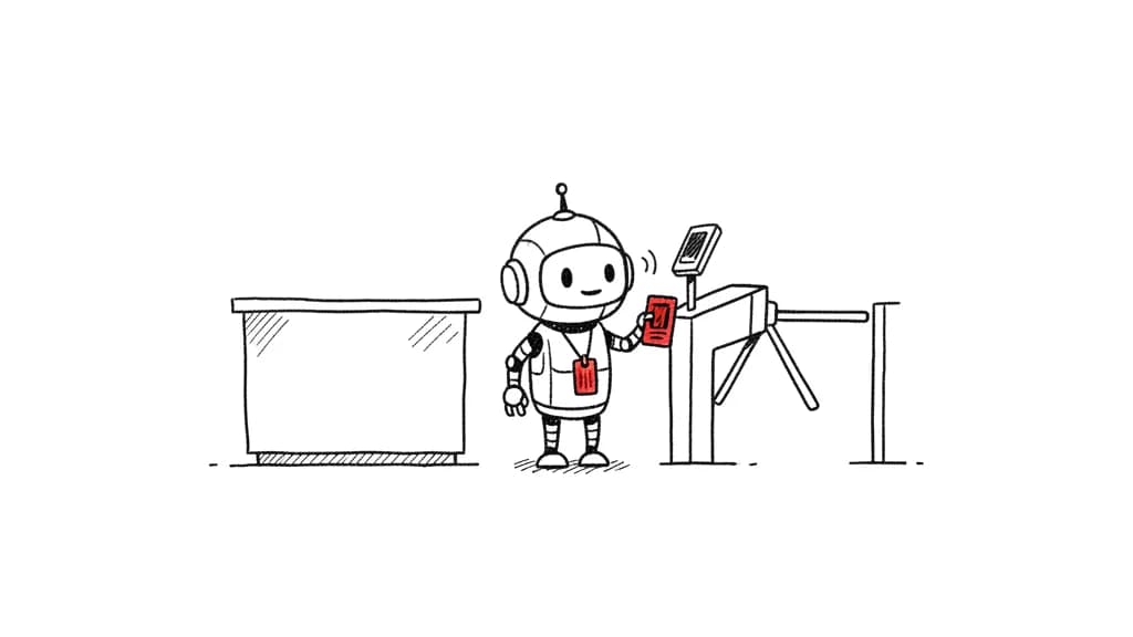 Un petit robot passe un badge rouge au portique d'entrée d'un immeuble de bureaux