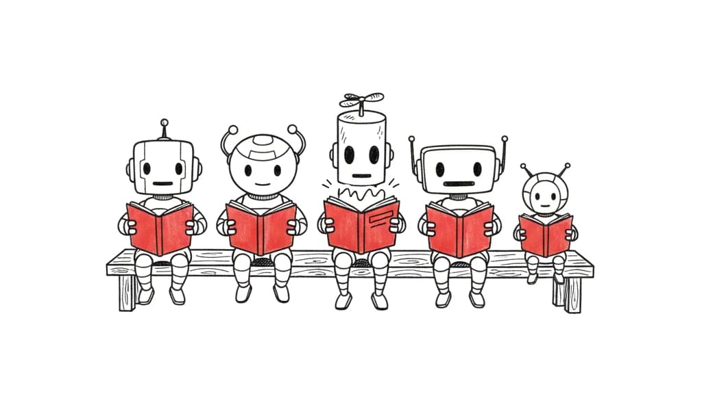 Cinq petits robots différents assis sur un banc, lisant chacun le même carnet rouge