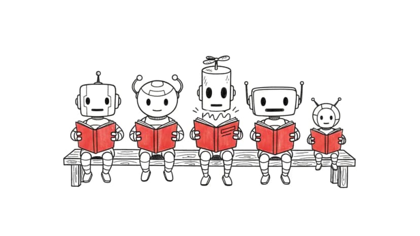 Cinq petits robots différents assis sur un banc, lisant chacun le même carnet rouge