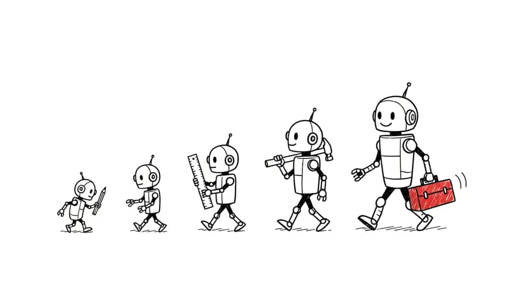 Quatre robots en file, de plus en plus grands, du crayon à la caisse à outils rouge