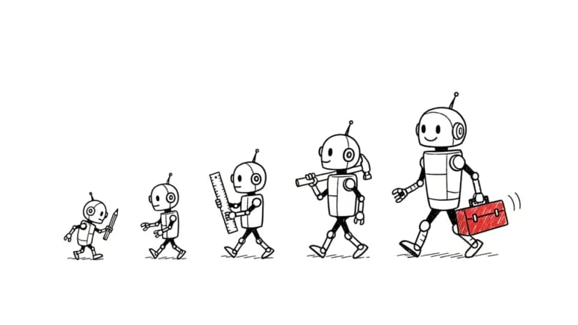 Quatre robots en file, de plus en plus grands, du crayon à la caisse à outils rouge