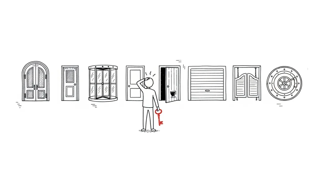Un bonhomme perplexe, clé rouge à la main, devant une rangée de huit portes toutes différentes