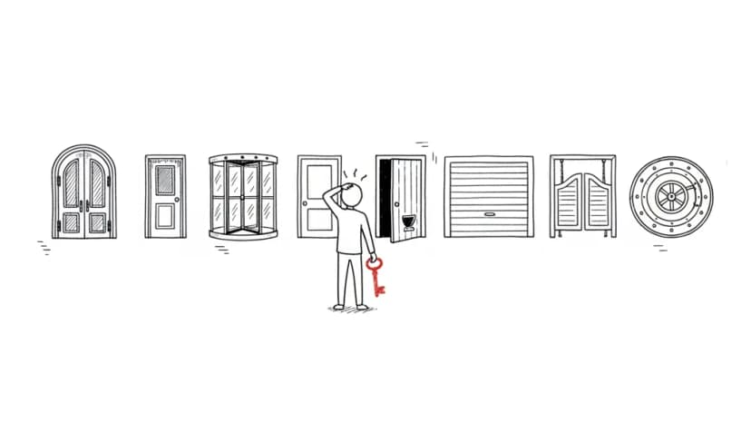 Un bonhomme perplexe, clé rouge à la main, devant une rangée de huit portes toutes différentes