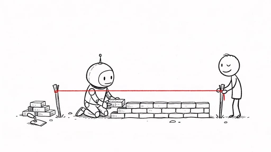 Un robot maçonne un mur bien droit le long d'un cordeau rouge tendu par un bonhomme