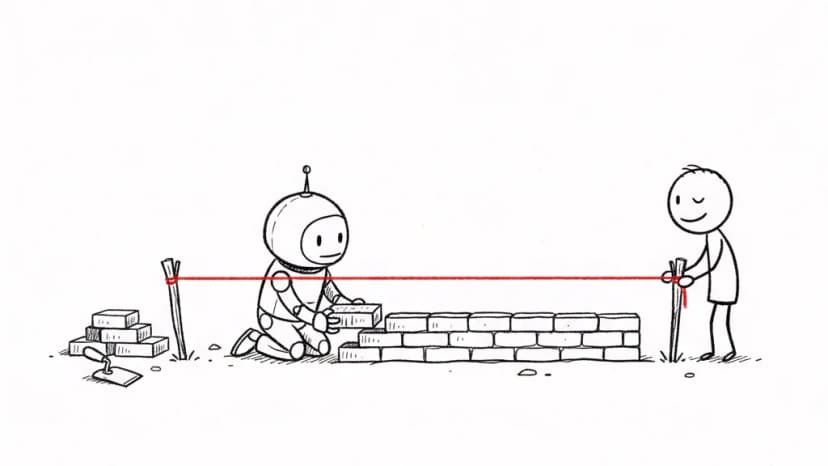 Un robot maçonne un mur bien droit le long d'un cordeau rouge tendu par un bonhomme
